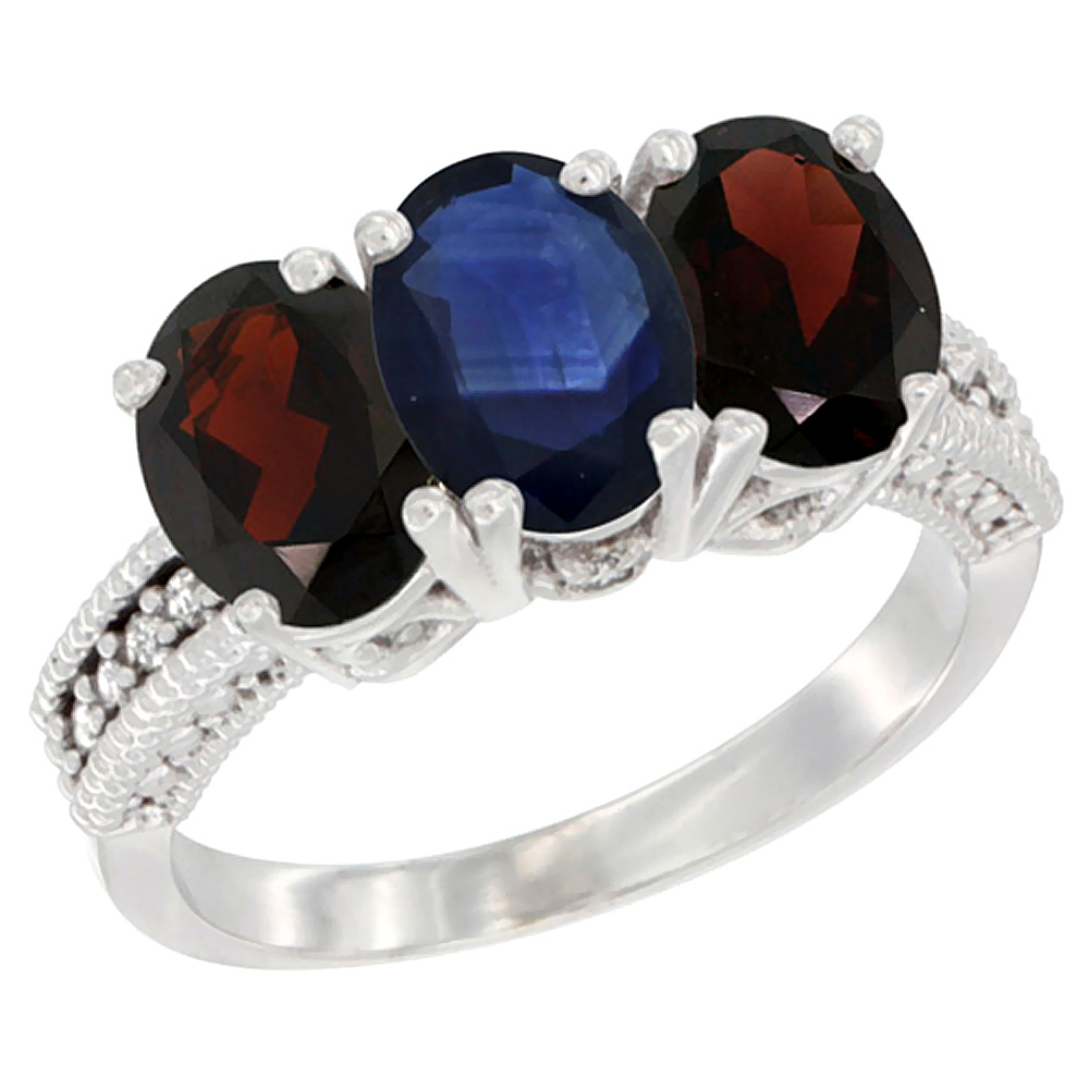 14K White Gold Natural Blue Sapphire & Garnet Sides Ring 3-Stone 7x5 mm Oval Diamond Accent, sizes 5 - 10