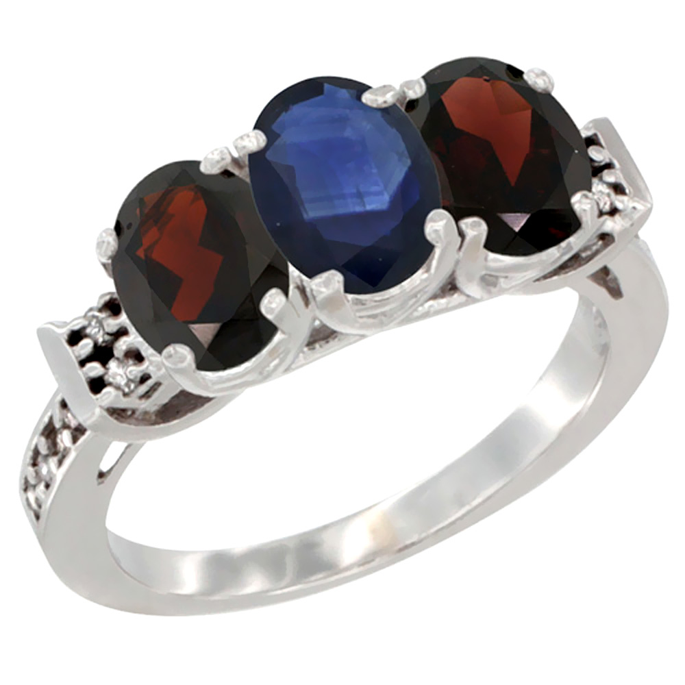 10K White Gold Natural Blue Sapphire &amp; Garnet Sides Ring 3-Stone Oval 7x5 mm Diamond Accent, sizes 5 - 10