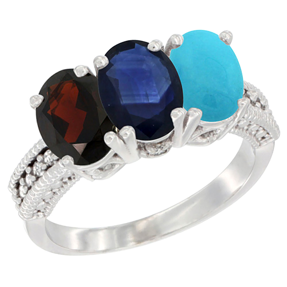 14K White Gold Natural Garnet, Blue Sapphire & Turquoise Ring 3-Stone 7x5 mm Oval Diamond Accent, sizes 5 - 10