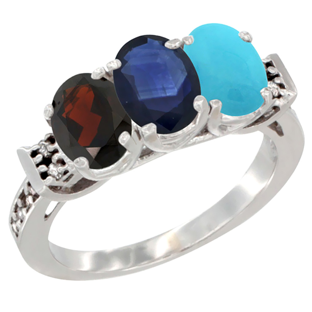 10K White Gold Natural Garnet, Blue Sapphire &amp; Turquoise Ring 3-Stone Oval 7x5 mm Diamond Accent, sizes 5 - 10