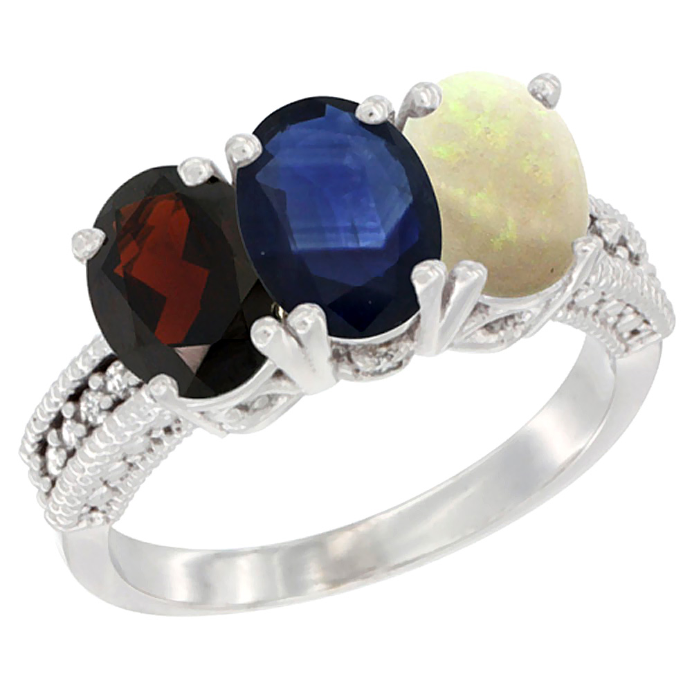 10K White Gold Natural Garnet, Blue Sapphire & Opal Ring 3-Stone Oval 7x5 mm Diamond Accent, sizes 5 - 10