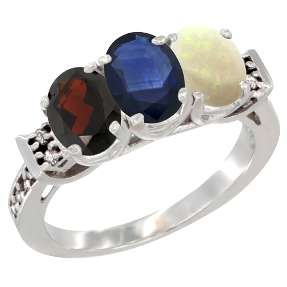 14K White Gold Natural Garnet, Blue Sapphire & Opal Ring 3-Stone 7x5 mm Oval Diamond Accent, sizes 5 - 10