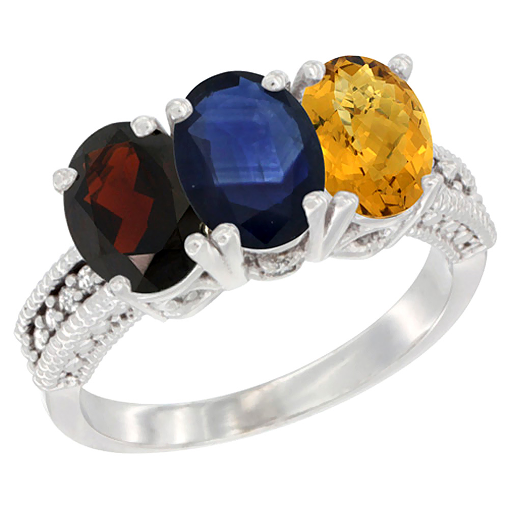 10K White Gold Natural Garnet, Blue Sapphire & Whisky Quartz Ring 3-Stone Oval 7x5 mm Diamond Accent, sizes 5 - 10