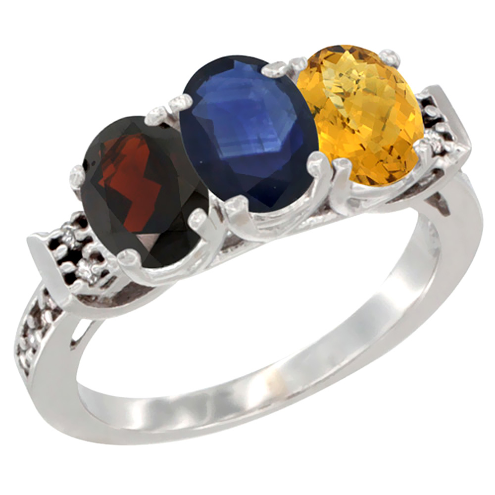 10K White Gold Natural Garnet, Blue Sapphire &amp; Whisky Quartz Ring 3-Stone Oval 7x5 mm Diamond Accent, sizes 5 - 10