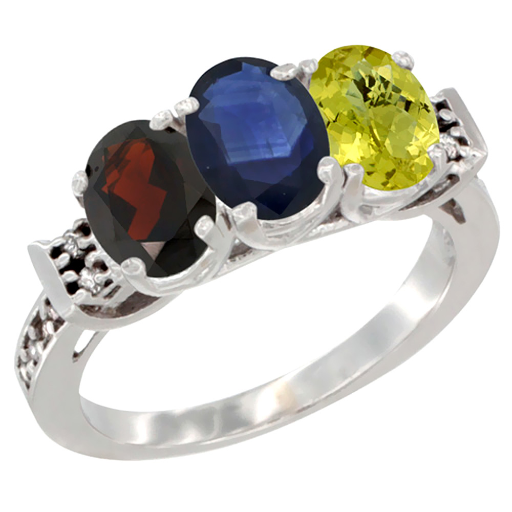 14K White Gold Natural Garnet, Blue Sapphire & Lemon Quartz Ring 3-Stone 7x5 mm Oval Diamond Accent, sizes 5 - 10