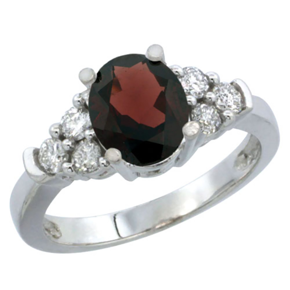 14K White Gold Natural Garnet Ring Oval 9x7mm Diamond Accent, sizes 5-10