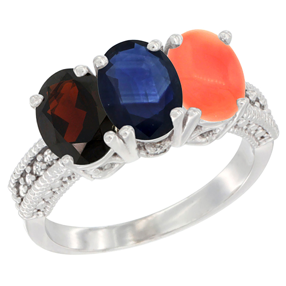 10K White Gold Natural Garnet, Blue Sapphire &amp; Coral Ring 3-Stone Oval 7x5 mm Diamond Accent, sizes 5 - 10