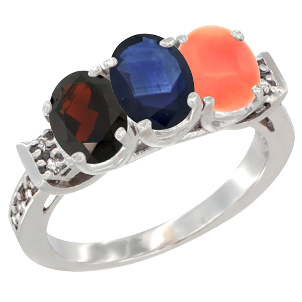 10K White Gold Natural Garnet, Blue Sapphire & Coral Ring 3-Stone Oval 7x5 mm Diamond Accent, sizes 5 - 10