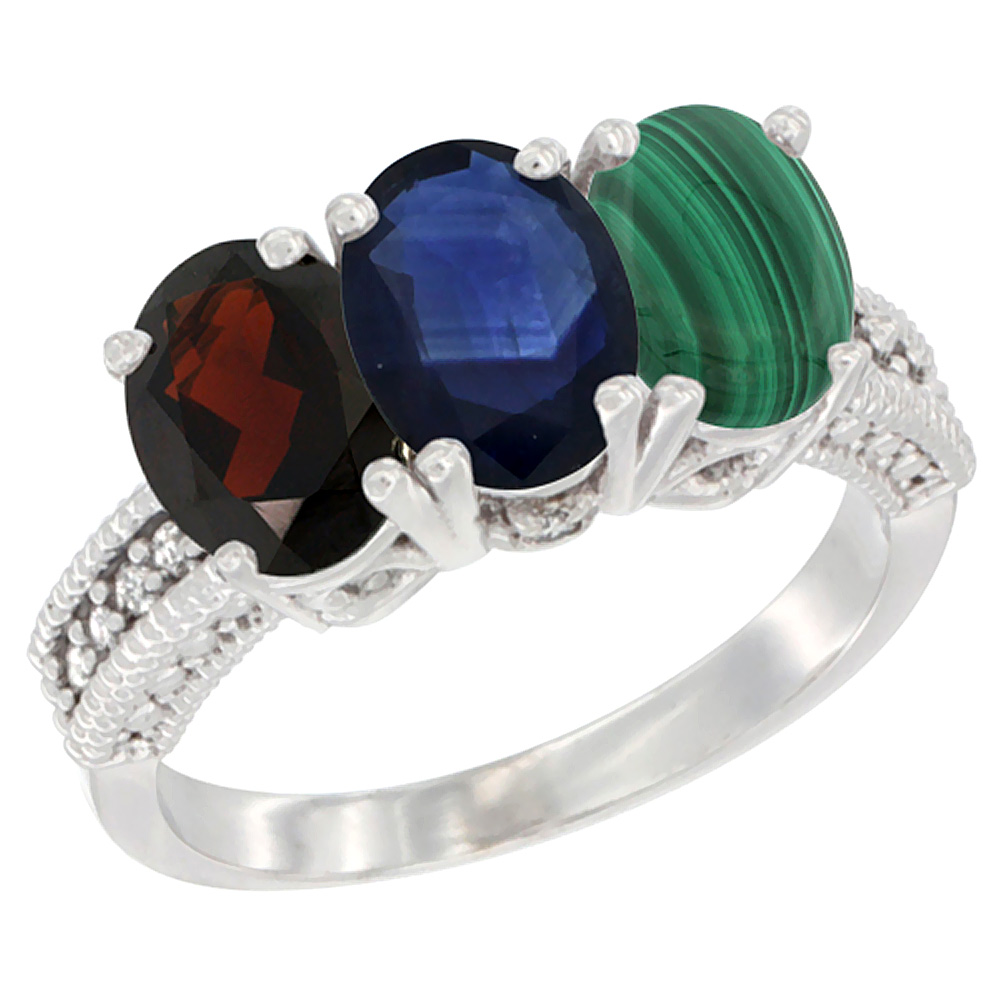 10K White Gold Natural Garnet, Blue Sapphire & Malachite Ring 3-Stone Oval 7x5 mm Diamond Accent, sizes 5 - 10