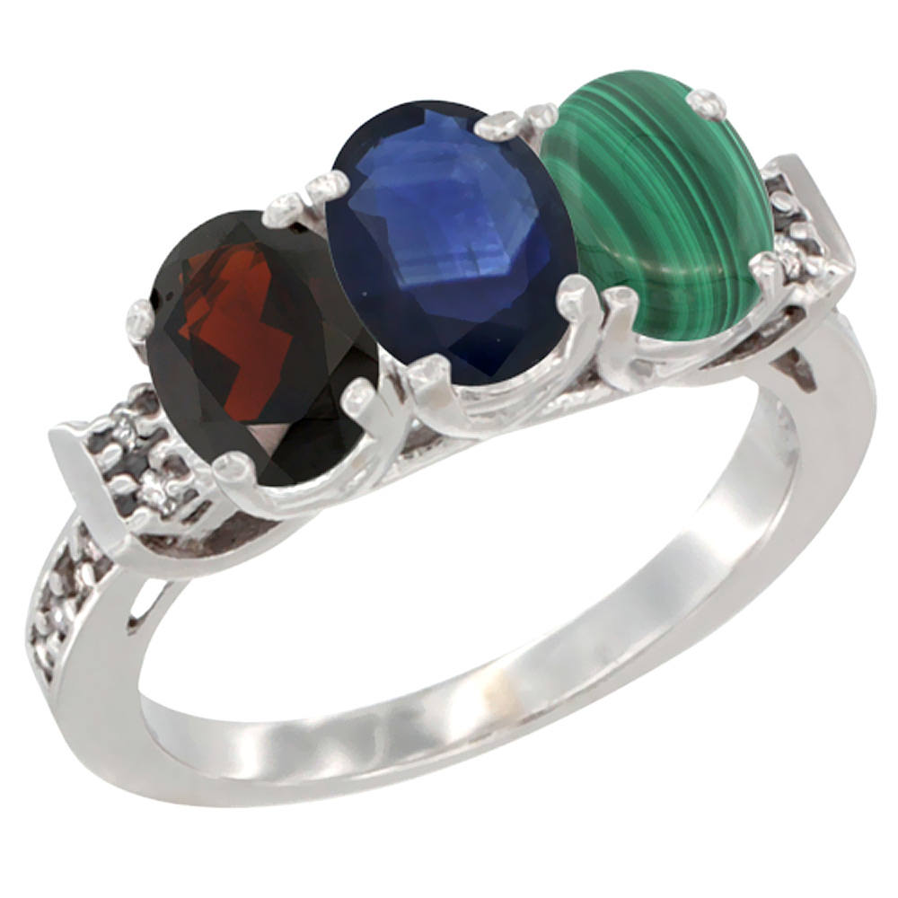 14K White Gold Natural Garnet, Blue Sapphire & Malachite Ring 3-Stone 7x5 mm Oval Diamond Accent, sizes 5 - 10