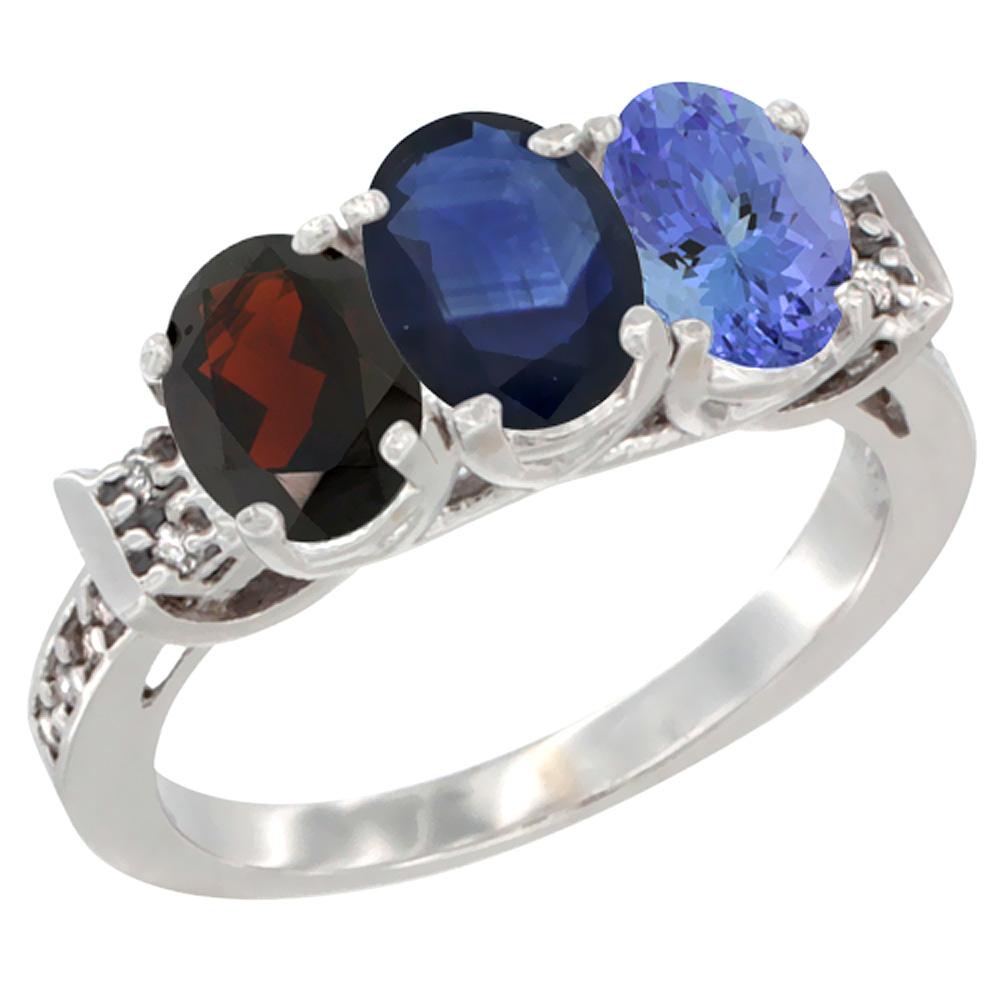 14K White Gold Natural Garnet, Blue Sapphire & Tanzanite Ring 3-Stone 7x5 mm Oval Diamond Accent, sizes 5 - 10