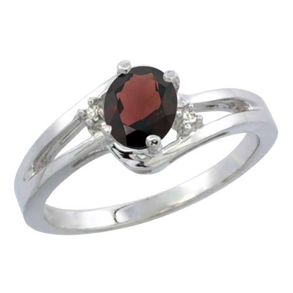 10K White Gold Diamond Natural Garnet Ring Oval 6x4 mm, sizes 5-10