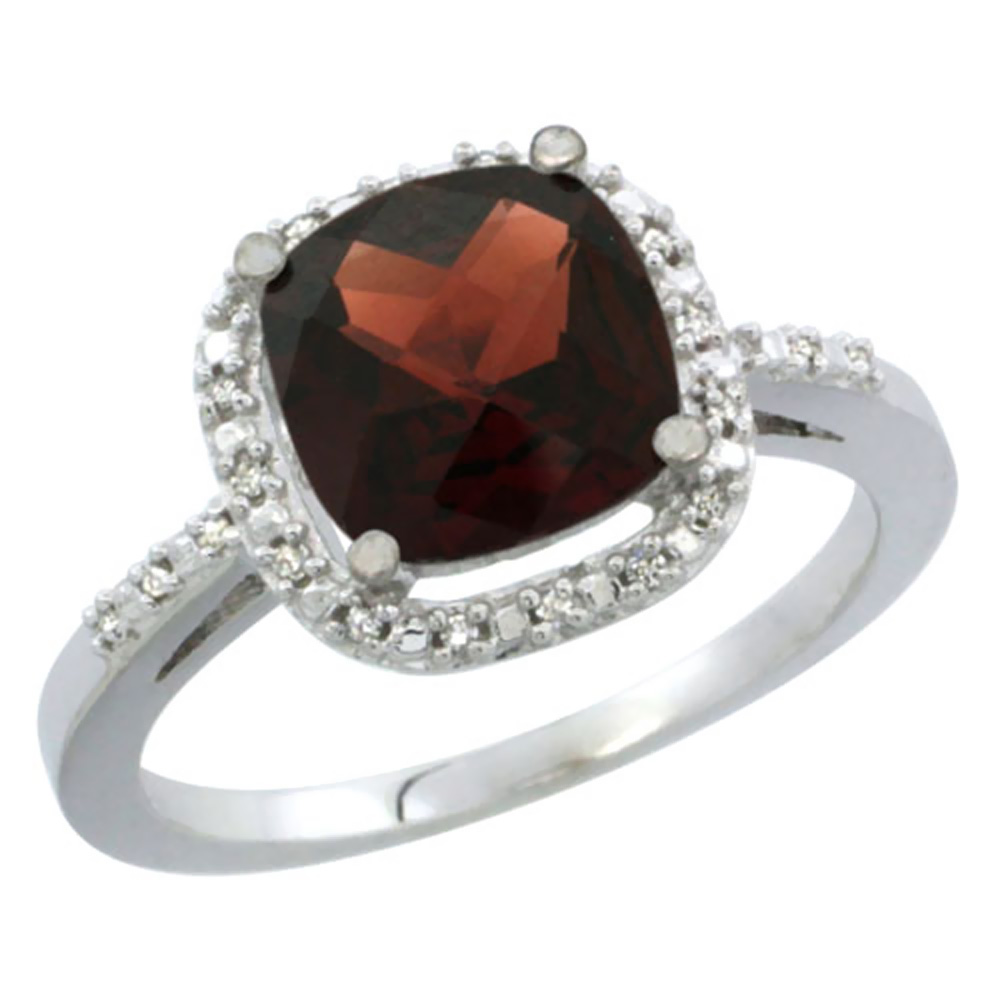 14K White Gold Natural Garnet Ring Cushion-cut 8x8mm Diamond Accent, sizes 5-10