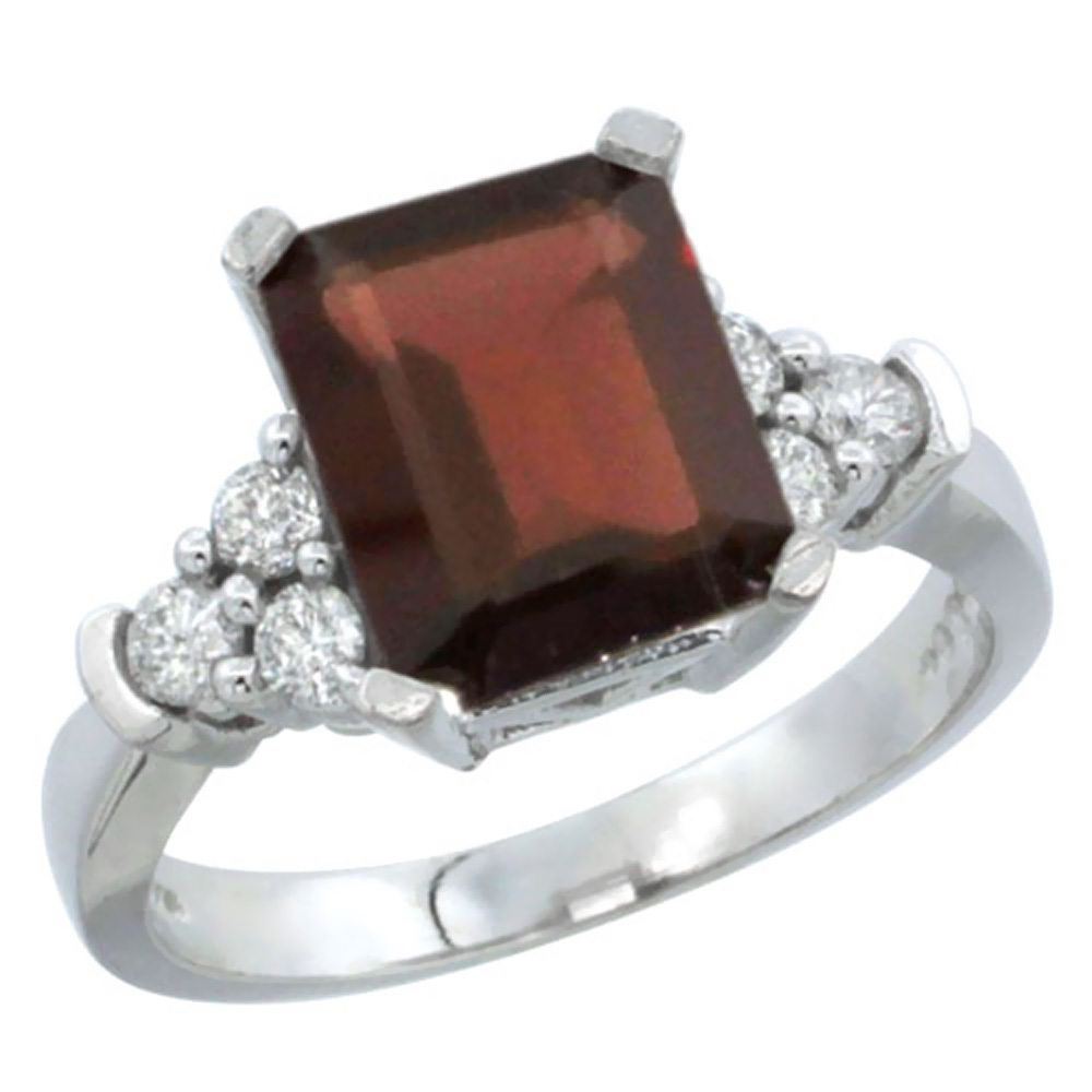 14K White Gold Natural Garnet Ring Octagon 9x7mm Diamond Accent, sizes 5-10