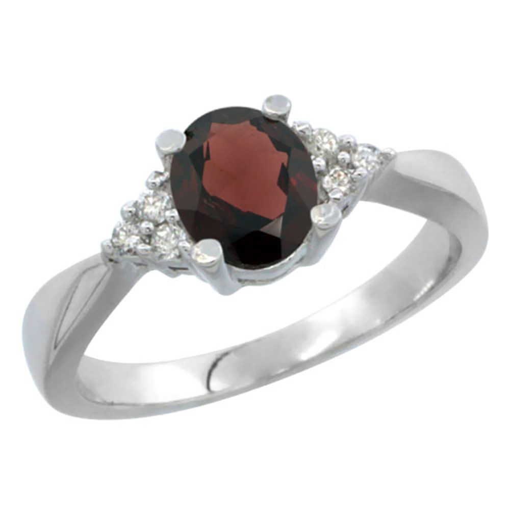 10K White Gold Diamond Natural Garnet Engagement Ring Oval 7x5mm, sizes 5-10