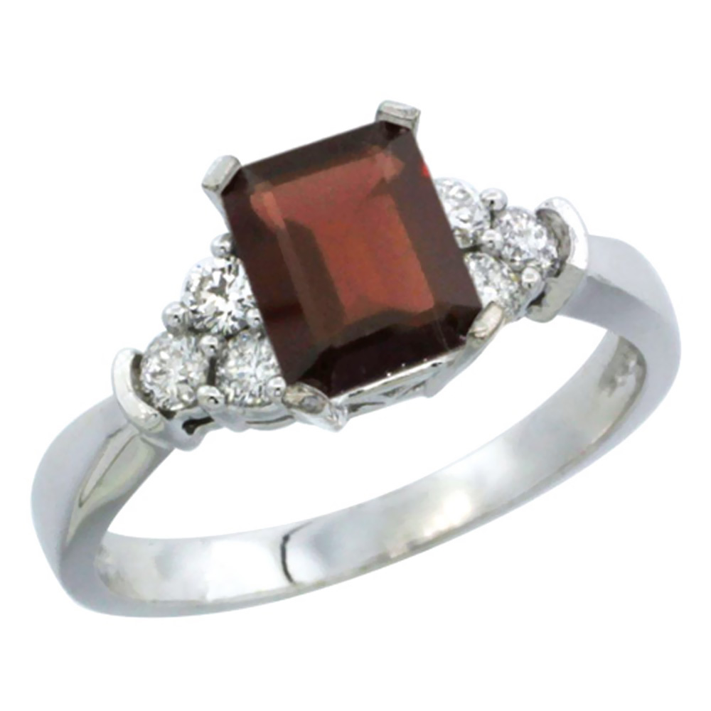 14K White Gold Natural Garnet Ring Octagon 7x5mm Diamond Accent, sizes 5-10