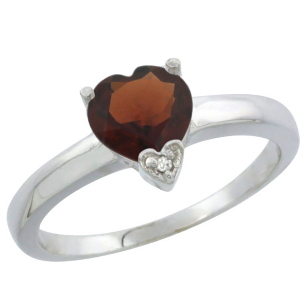 14K White Gold Natural Garnet Heart 7x7mm Diamond Accent, sizes 5-10