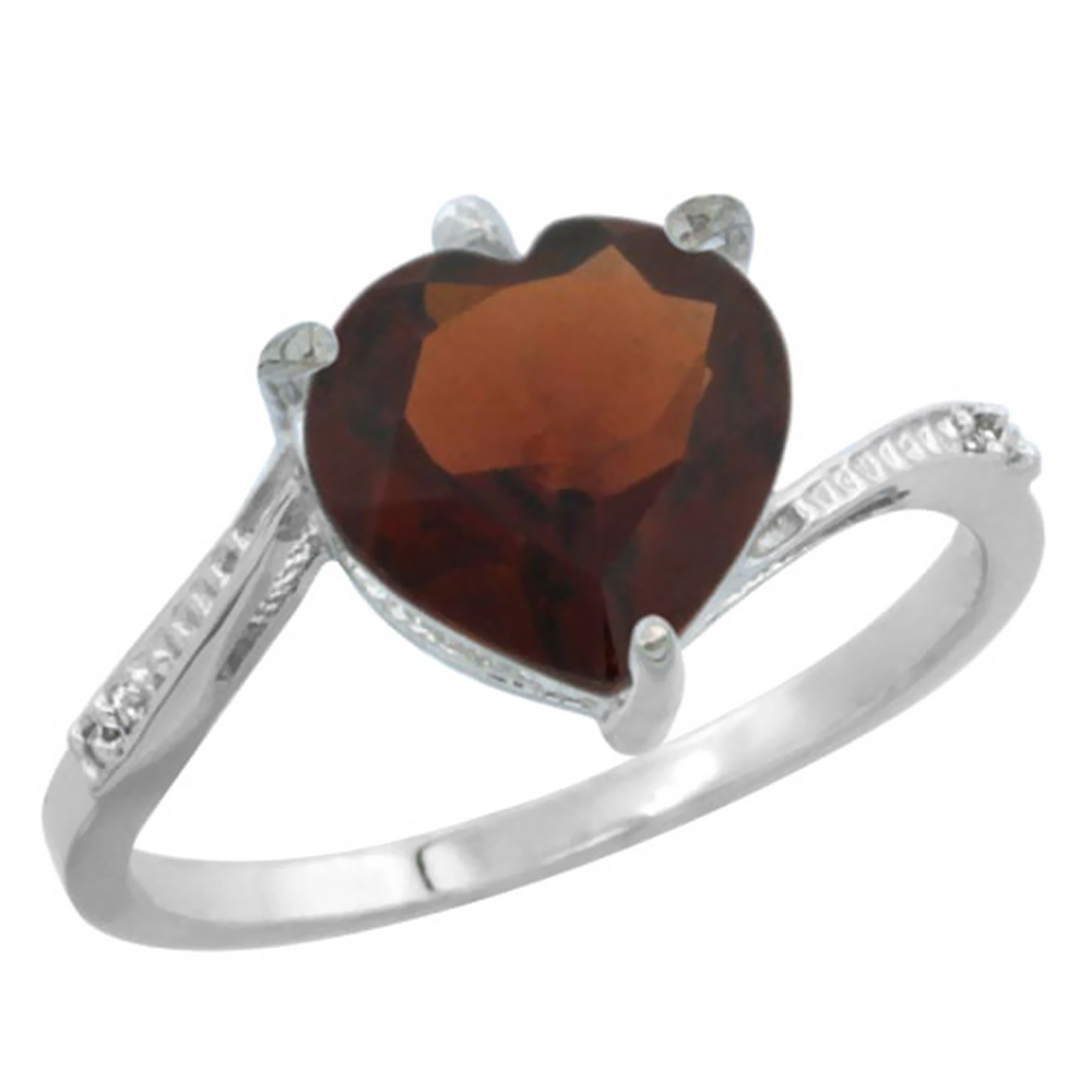 14K White Gold Natural Garnet Ring Heart 9x9mm Diamond Accent, sizes 5-10