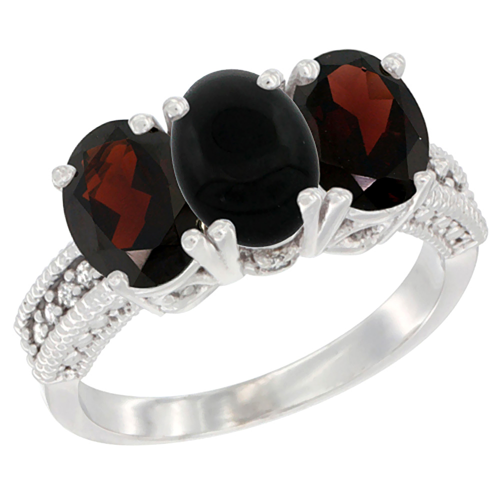 10K White Gold Natural Black Onyx & Garnet Sides Ring 3-Stone Oval 7x5 mm Diamond Accent, sizes 5 - 10