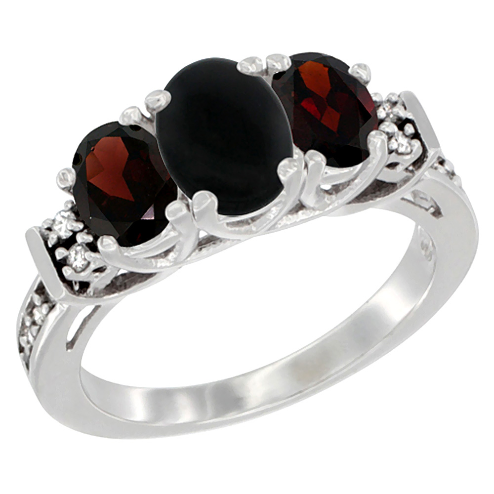 14K White Gold Natural Black Onyx & Garnet Ring 3-Stone Oval Diamond Accent, sizes 5-10