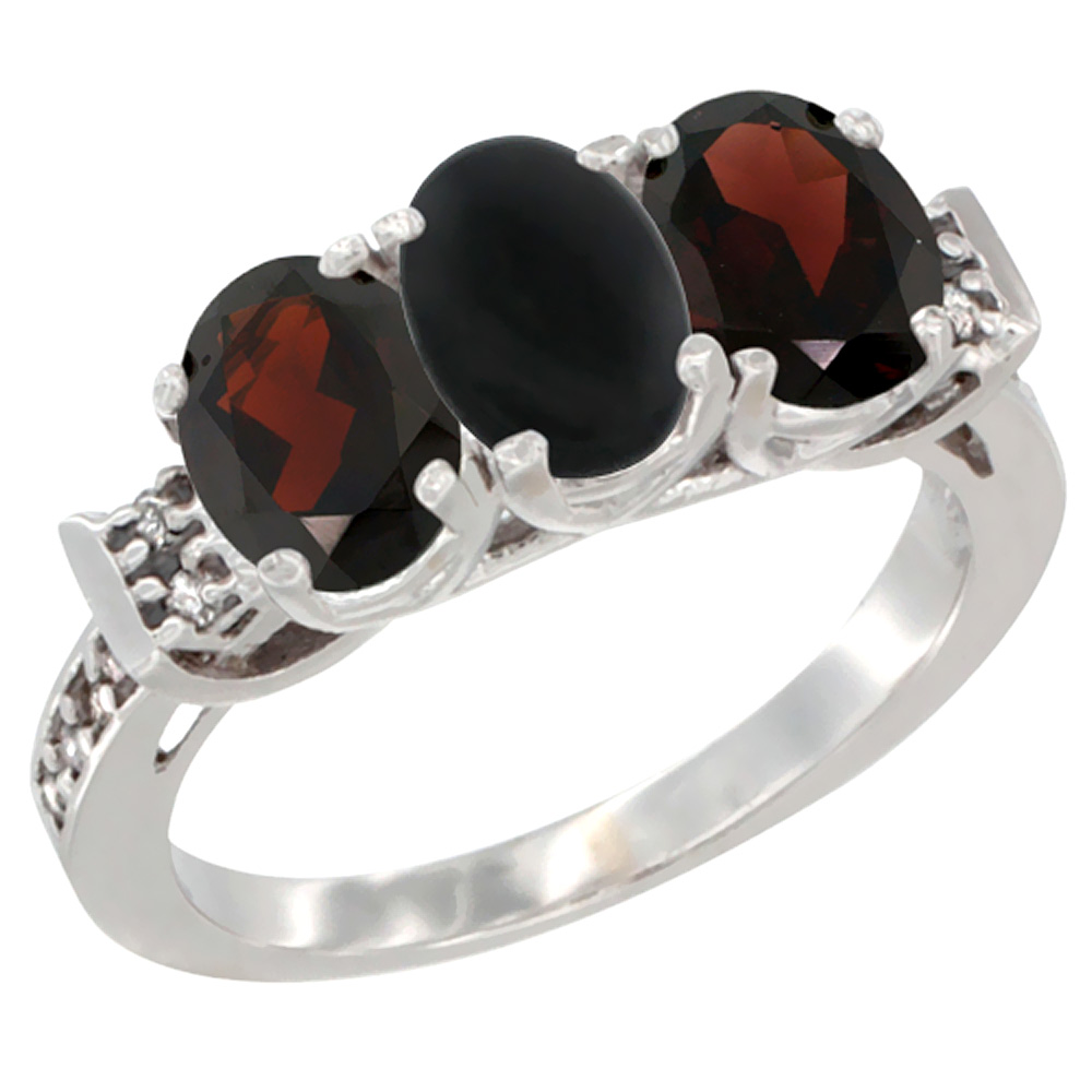 14K White Gold Natural Black Onyx &amp; Garnet Sides Ring 3-Stone 7x5 mm Oval Diamond Accent, sizes 5 - 10