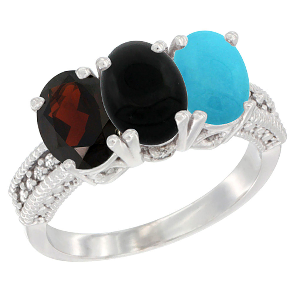 14K White Gold Natural Garnet, Black Onyx & Turquoise Ring 3-Stone 7x5 mm Oval Diamond Accent, sizes 5 - 10