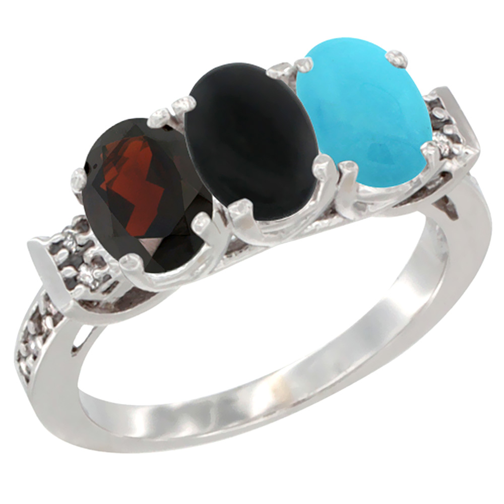 14K White Gold Natural Garnet, Black Onyx & Turquoise Ring 3-Stone 7x5 mm Oval Diamond Accent, sizes 5 - 10