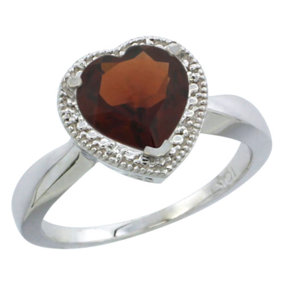 14K White Gold Natural Garnet Ring Heart 8x8mm Diamond Accent, sizes 5-10