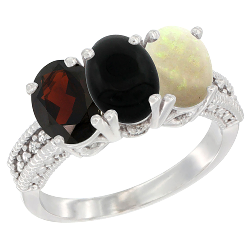 14K White Gold Natural Garnet, Black Onyx & Opal Ring 3-Stone 7x5 mm Oval Diamond Accent, sizes 5 - 10