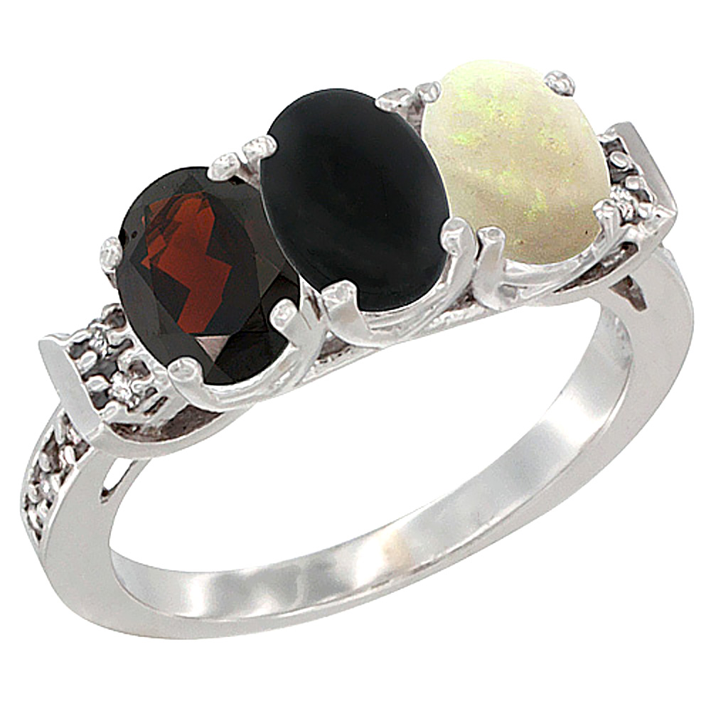 14K White Gold Natural Garnet, Black Onyx & Opal Ring 3-Stone 7x5 mm Oval Diamond Accent, sizes 5 - 10