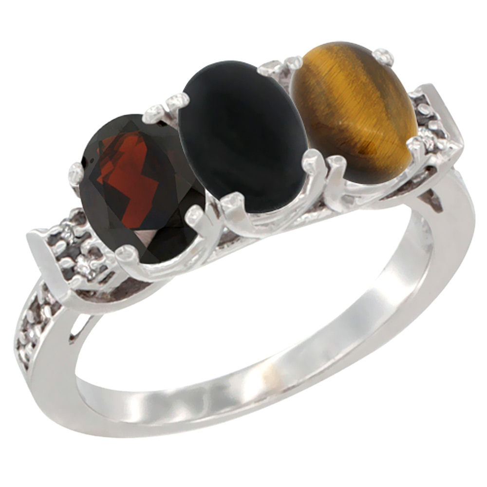 14K White Gold Natural Garnet, Black Onyx &amp; Tiger Eye Ring 3-Stone 7x5 mm Oval Diamond Accent, sizes 5 - 10