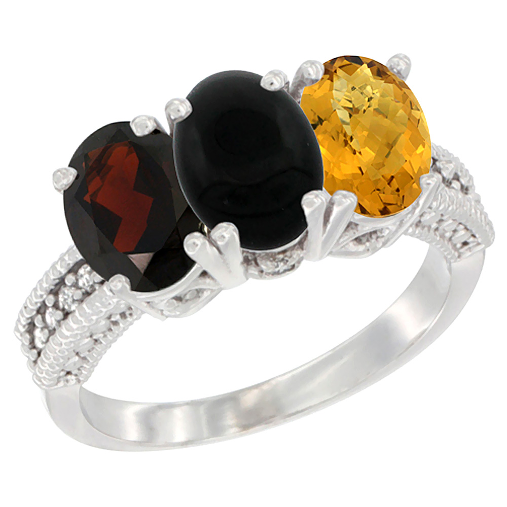 14K White Gold Natural Garnet, Black Onyx &amp; Whisky Quartz Ring 3-Stone 7x5 mm Oval Diamond Accent, sizes 5 - 10