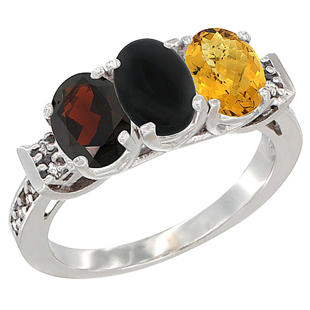 14K White Gold Natural Garnet, Black Onyx &amp; Whisky Quartz Ring 3-Stone 7x5 mm Oval Diamond Accent, sizes 5 - 10