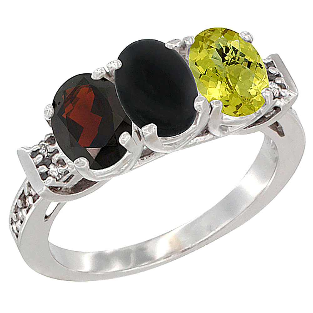 14K White Gold Natural Garnet, Black Onyx &amp; Lemon Quartz Ring 3-Stone 7x5 mm Oval Diamond Accent, sizes 5 - 10