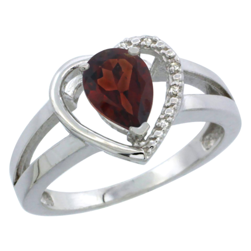 10K White Gold Natural Garnet Heart Ring Pear 7x5 mm Diamond Accent, sizes 5-10