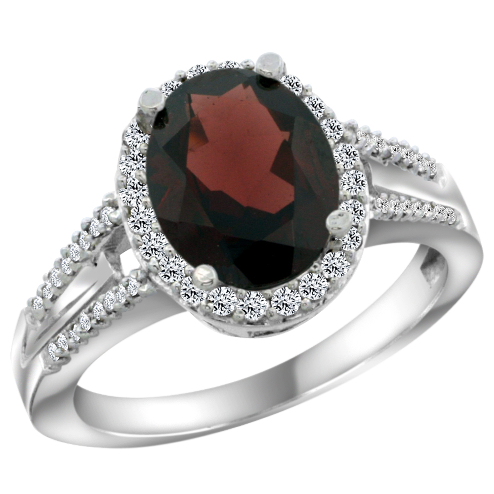 14K White Gold Diamond Natural Garnet Engagement Ring Oval 10x8mm, sizes 5-10