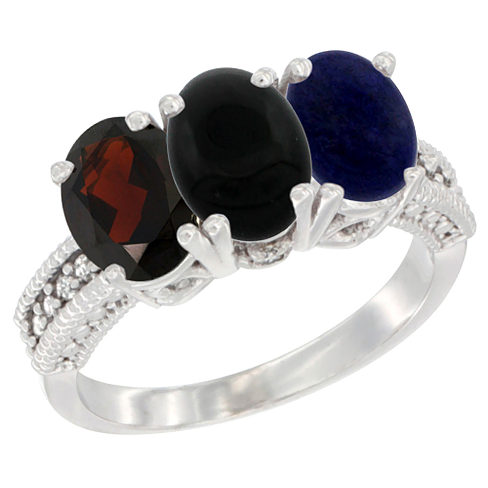 14K White Gold Natural Garnet, Black Onyx & Lapis Ring 3-Stone 7x5 mm Oval Diamond Accent, sizes 5 - 10