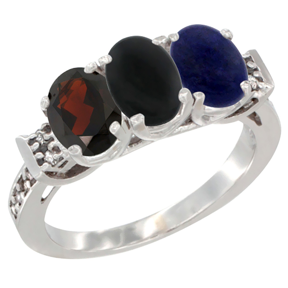 14K White Gold Natural Garnet, Black Onyx & Lapis Ring 3-Stone 7x5 mm Oval Diamond Accent, sizes 5 - 10