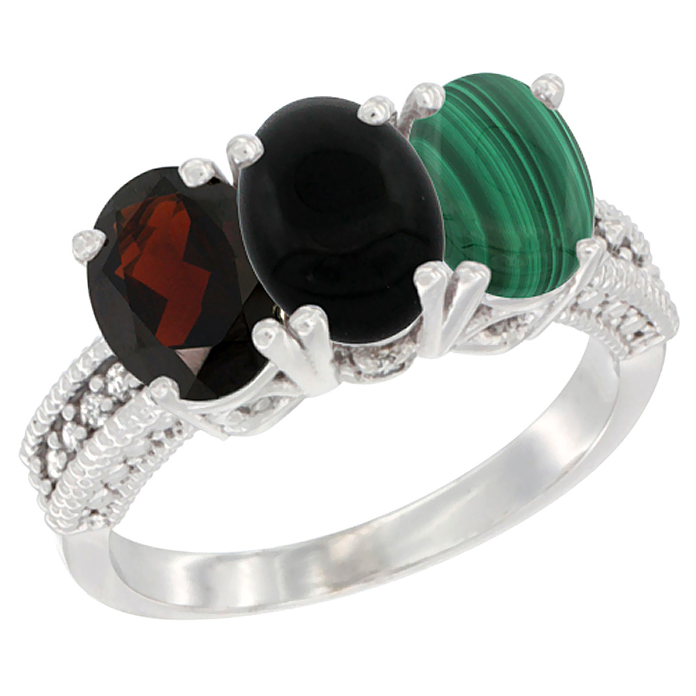 10K White Gold Natural Garnet, Black Onyx &amp; Malachite Ring 3-Stone Oval 7x5 mm Diamond Accent, sizes 5 - 10