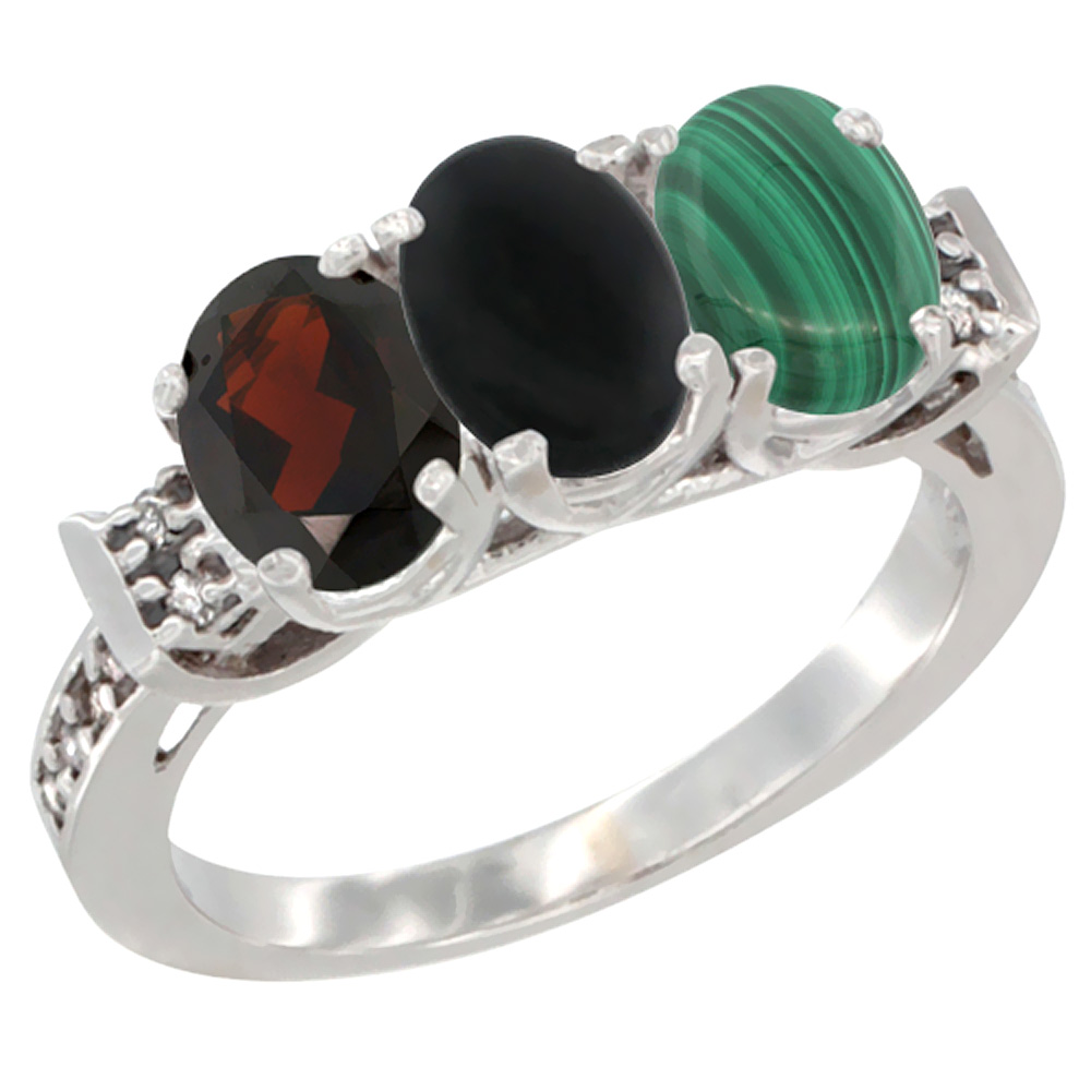 14K White Gold Natural Garnet, Black Onyx & Malachite Ring 3-Stone 7x5 mm Oval Diamond Accent, sizes 5 - 10