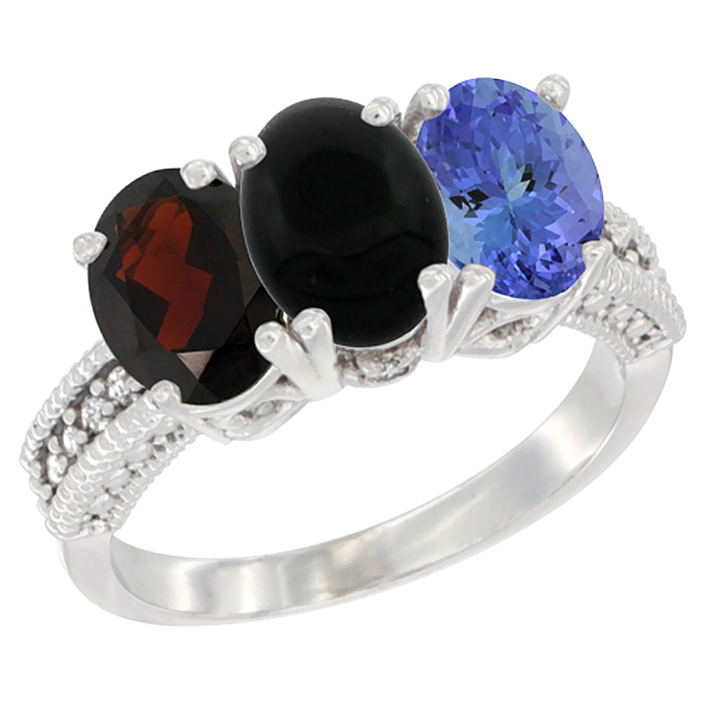 14K White Gold Natural Garnet, Black Onyx &amp; Tanzanite Ring 3-Stone 7x5 mm Oval Diamond Accent, sizes 5 - 10