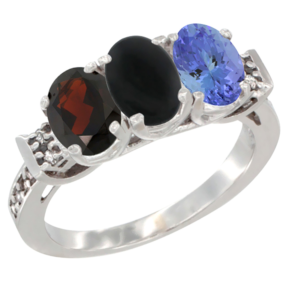 10K White Gold Natural Garnet, Black Onyx & Tanzanite Ring 3-Stone Oval 7x5 mm Diamond Accent, sizes 5 - 10