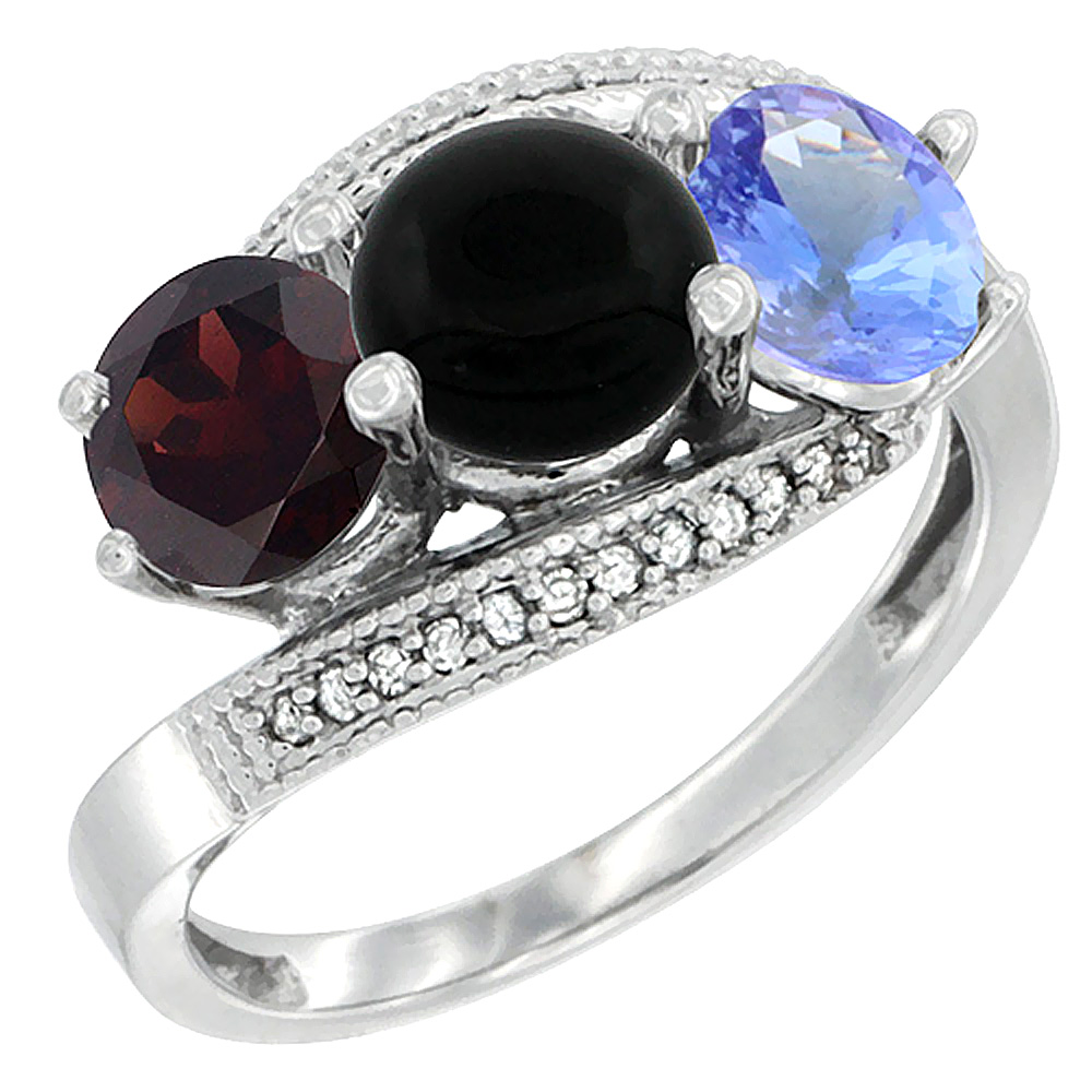 14K White Gold Natural Garnet, Black Onyx &amp; Tanzanite 3 stone Ring Round 6mm Diamond Accent, sizes 5 - 10