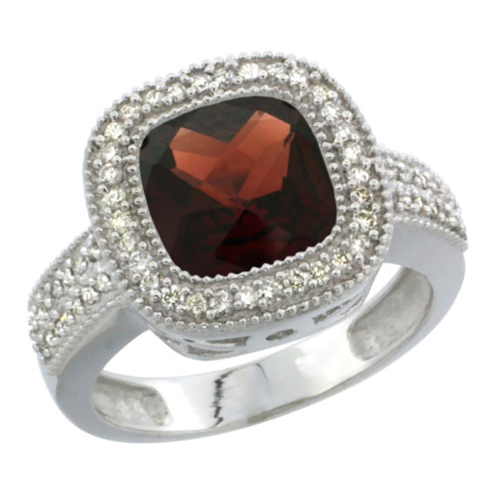 14K White Gold Natural Garnet Ring Cushion-cut 9x9mm Diamond Accent, sizes 5-10