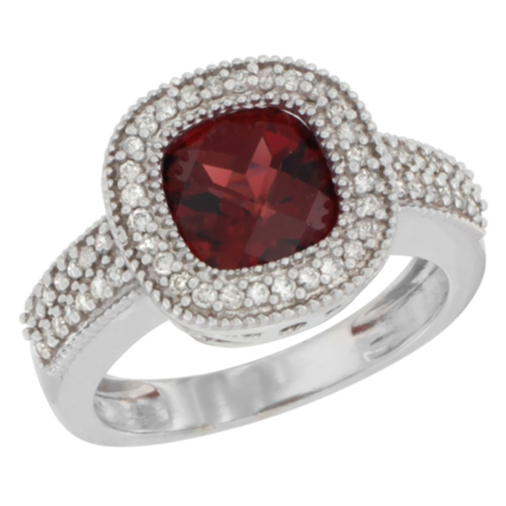 10K White Gold Natural Garnet Ring Cushion-cut 7x7mm Diamond Accent, sizes 5-10