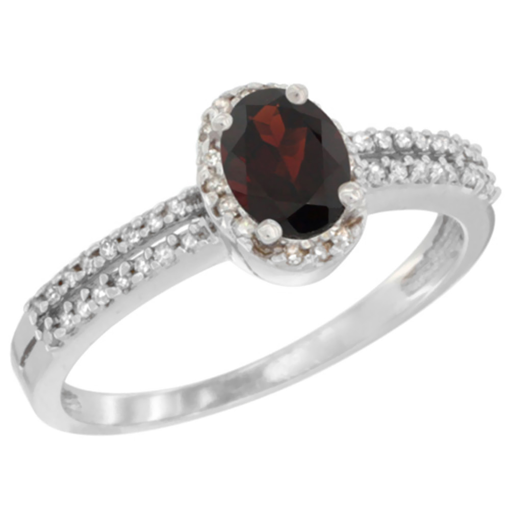 14K White Gold Natural Garnet Ring Oval 6x4mm Diamond Accent, sizes 5-10