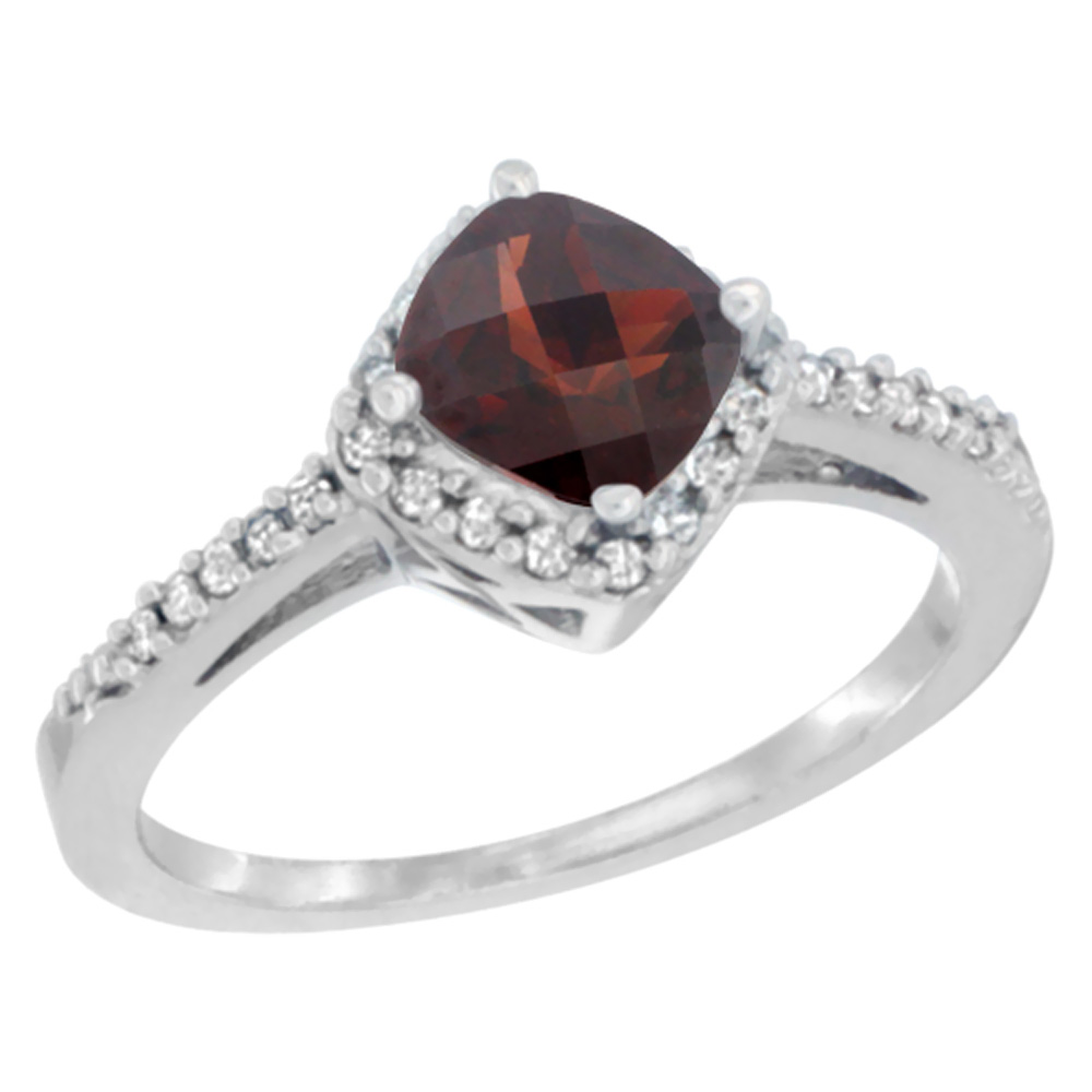 10K White Gold Natural Garnet Ring Cushion-cut 6mm Halo Diamond Accent, sizes 5 - 10