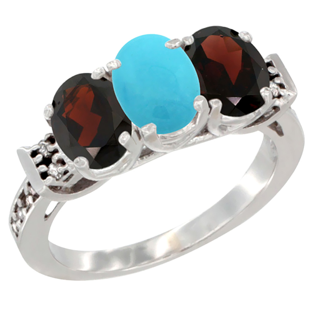 14K White Gold Natural Turquoise & Garnet Sides Ring 3-Stone 7x5 mm Oval Diamond Accent, sizes 5 - 10