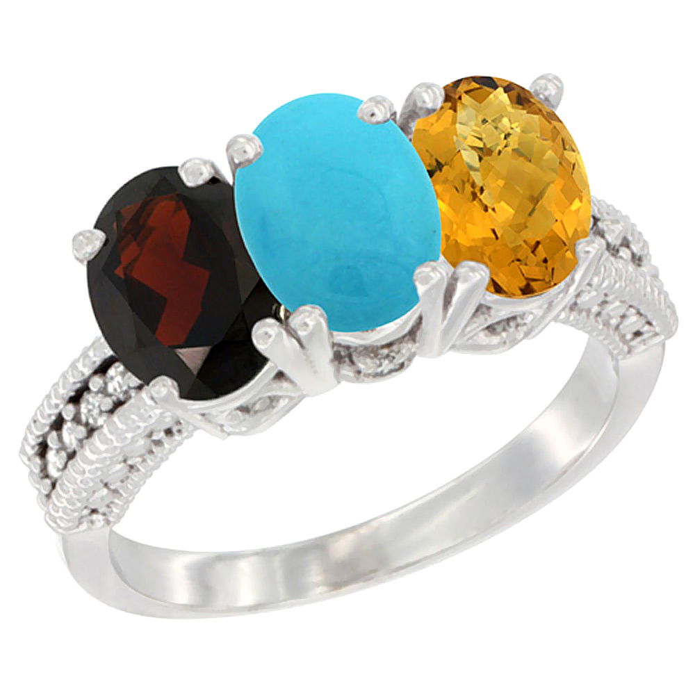 14K White Gold Natural Garnet, Turquoise & Whisky Quartz Ring 3-Stone 7x5 mm Oval Diamond Accent, sizes 5 - 10