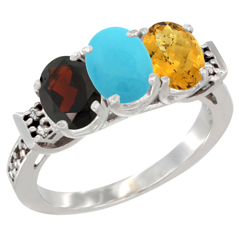 10K White Gold Natural Garnet, Turquoise &amp; Whisky Quartz Ring 3-Stone Oval 7x5 mm Diamond Accent, sizes 5 - 10